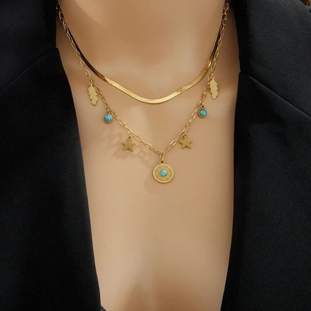 Fine Jewelry 2 Layer Leaves Star Cracked Stone Charm Chain Choker Necklaces - Picture 5 of 7
